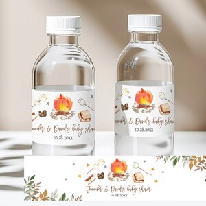 Etiqueta editável para garrafa de água para chá de bebê S'more, etiqueta para água de fogueira de outono, adesivos para garrafas de acampamento Smores Boho rústicos, para impressão, download Bab171