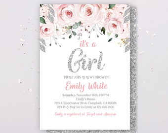 Pink silver floral baby shower Invitation  It's a girl  EDITABLE, Download  Bab95