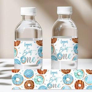 EDITABLE Donut Sweet one Birthday water bottle label Boy Blue donut 1st Birthday Party Favor Doughnut Decorations Printable Download Bir369