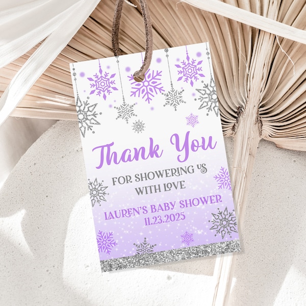 Winter Baby Shower Thank you tag Snowflake Favor label lavender Purple silver printable EDITABLE Download wonderland girl Bab129