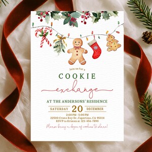 May include: A Christmas-themed invitation with watercolor illustrations of holiday cookies and decorations. The invitation reads "Cookie Exchange" and includes event details such as date, time, and location. A red ribbon and pine sprigs frame the invitation.