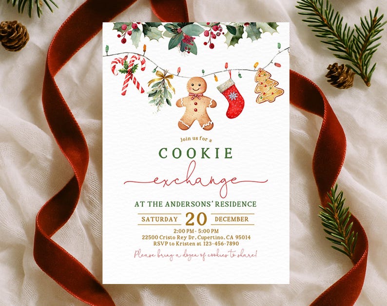 May include: A Christmas-themed invitation with watercolor illustrations of holiday cookies and decorations. The invitation reads "Cookie Exchange" and includes event details such as date, time, and location. A red ribbon and pine sprigs frame the invitation.