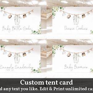 Gender neutral Baby Kleidung Lebensmittel Zelt Karte Food Label Wäsche Baby Shower Tischkarten Clothe Boho Greenery Digital Editable Printable Bab235