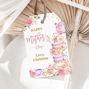 Muttertag Tea Party Favor Tags Glücklicher Muttertag Brunch Geschenkanhänger Rosa Blumengold High Tea Digital Bearbeitbare Druckbare Download MoI3