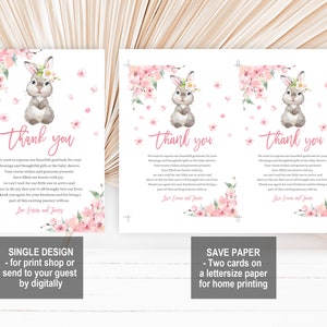 Editable Bunny Baby Shower Thank You Card, Pink Floral Rabbit (digital ...