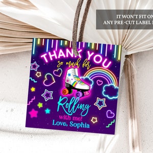 Neon Rollschuh Geburtstag Party Favor Label Girl Rollschuhlaufen Danke Aufkleber Platz Neon Glow Party Bearbeitbar Druckbar Download Bir301