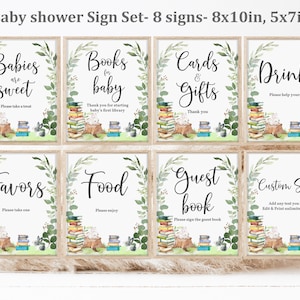 Juego de letreros para mesa de baby shower con temática de cuento de hadas, paquete de letreros para baby shower con temática de nuevo capítulo, vegetación editable, imprimible, decoración digital de género neutro, Bab217