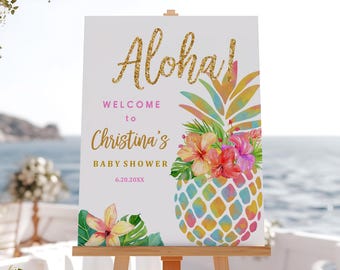 Pineapple Baby Shower Welcome Sign - Tropical Floral Rainbow Printable Bab38