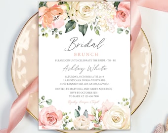 May include: A printable bridal brunch invitation with a floral design. The invitation features a watercolor illustration of pink and white roses, greenery, and hydrangeas. The text reads "Bridal Brunch" and includes the bride-to-be's name, Ashley White, the date, time, and location of the event, and RSVP information.