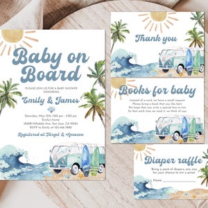 Surfboard Baby Shower Invitation Bundle: Beach Theme (Editable, Digital Download)