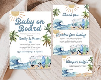 Surfboard Baby Shower Invitation Bundle: Beach Theme Editable Cards Bab354