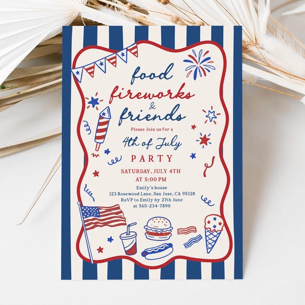 4th of July Invitation: Whimsical Digital BBQ Invite - Editable Ipdp8