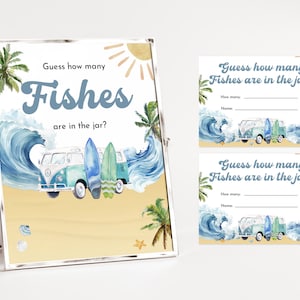 Devinez combien de poissons modifiables signe et carte Baby on Board Surf Baby shower jeu de devinettes Surf Beach Summer Pool Party imprimable Bab187