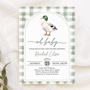 Mallard Duck Baby Shower Invitation: Green Plaid, Editable Bab329 image 3