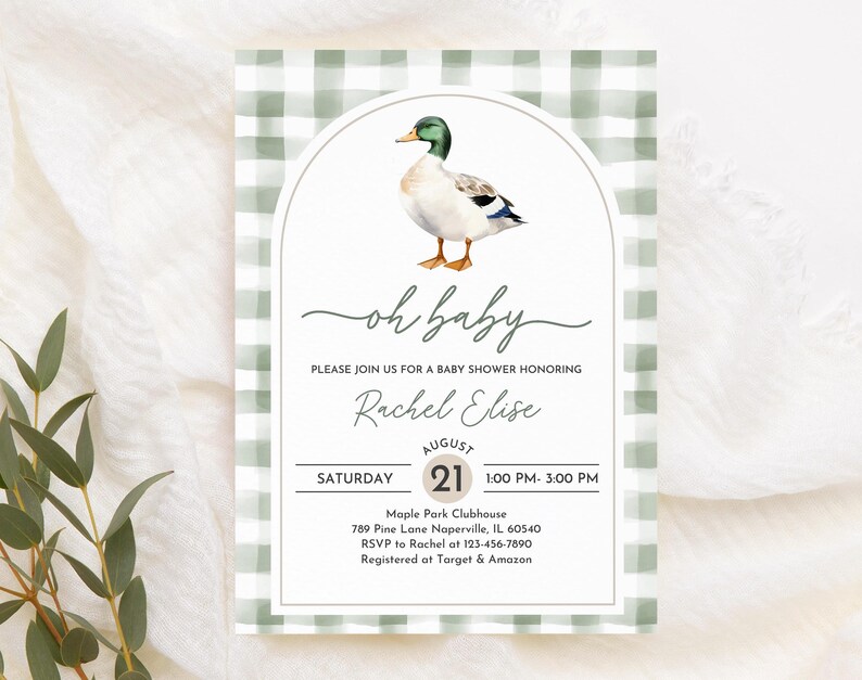 Mallard Duck Baby Shower Invitation: Green Plaid, Editable Bab329 image 3