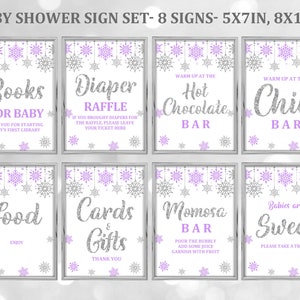 Conjunto de placas para chá de bebê de floco de neve de inverno Pacote de lavanda roxa para download menina Roxo prata Alguns editáveis Bab129