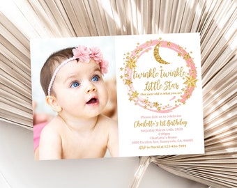 Twinkle Little Star Birthday Invite, Pink Gold Mini Stars (Editable Template) Bir163