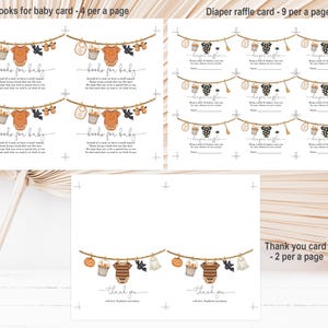 May include: White baby shower cards with illustrations of baby clothes, pumpkins, and ghosts. The cards include text that reads "Books for baby", "Diaper raffle", and "Thank you".