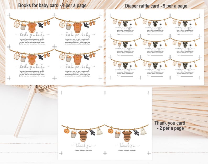 May include: White baby shower cards with illustrations of baby clothes, pumpkins, and ghosts. The cards include text that reads "Books for baby", "Diaper raffle", and "Thank you".