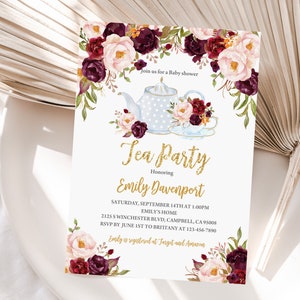 Tea party baby shower Invitation Floral High Tea Invite Time for Tea Brunch Glitter Gold Marsala Floral Editable Download Printable Bab56