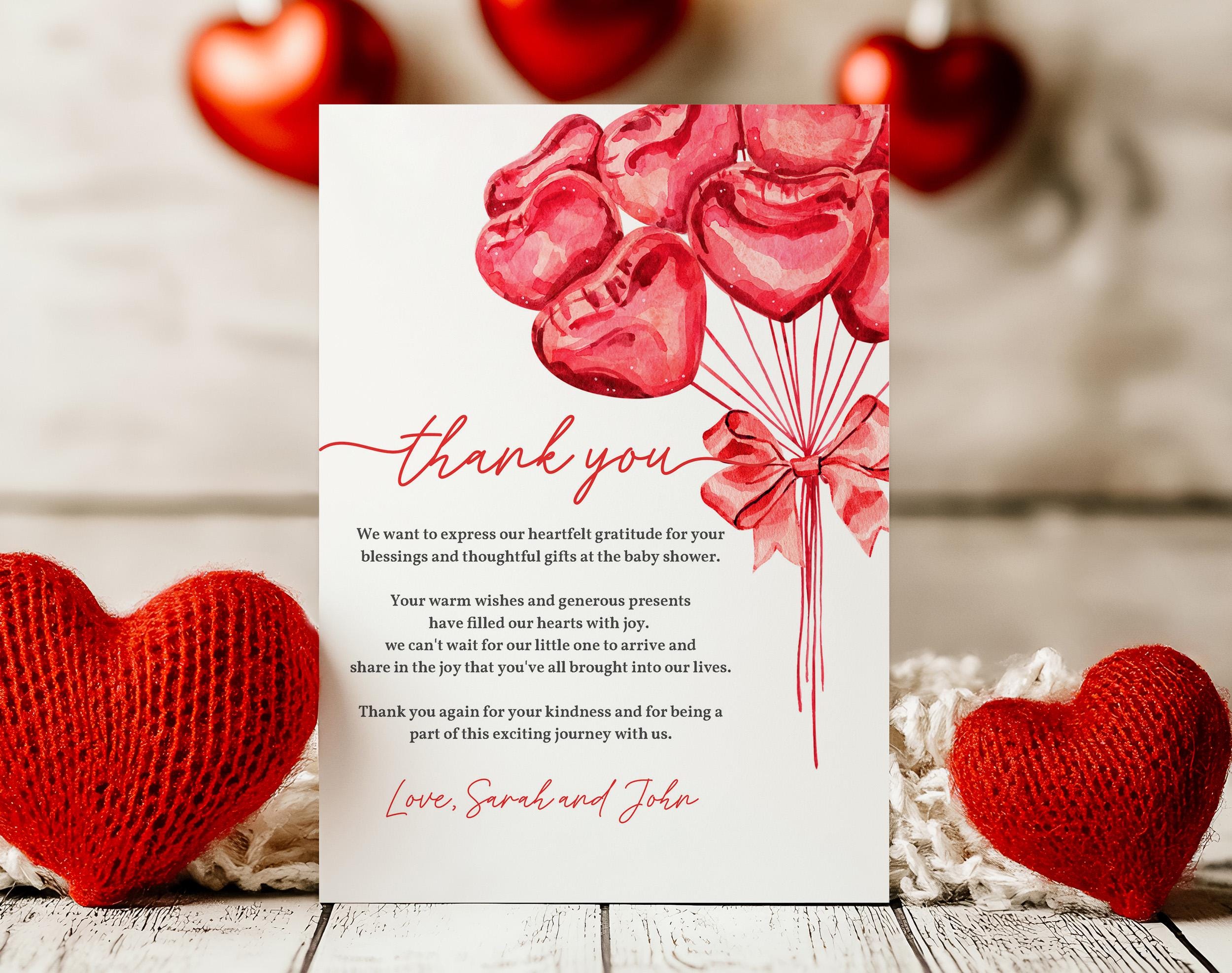 Editable Valentine's Baby Shower Thank You Card Printable Girl Little  Sweetheart Baby Shower Thank You Note Pink Red Hearts Balloons VababI7