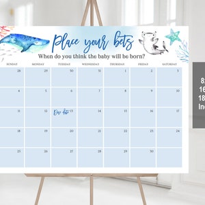 Sea Baby Aufgrund Datum Kalender Zeichen Ocean Platzieren Sie Ihre Wetten Spiel Poster Guess Baby Birthday Boy Bearbeitbare Download Printable Bab156