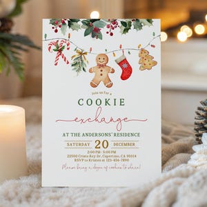 May include: A holiday-themed invitation with the text "Cookie Exchange" in green and red script. The invitation features watercolor illustrations of Christmas cookies, candy canes, and holly. The date is December 20th.