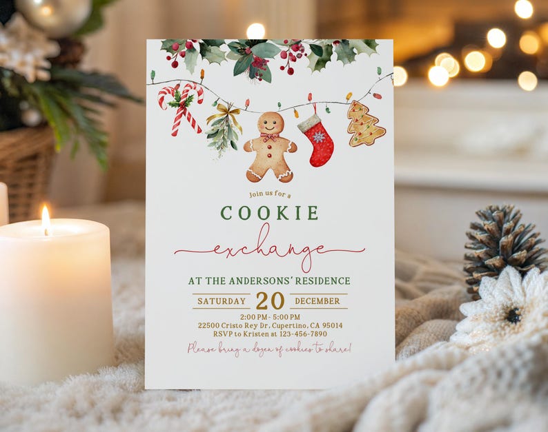 May include: A holiday-themed invitation with the text "Cookie Exchange" in green and red script. The invitation features watercolor illustrations of Christmas cookies, candy canes, and holly. The date is December 20th.