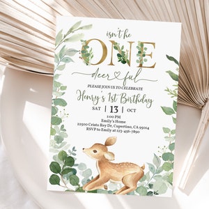 One-Deer-Ful First Birthday Invitation Woodland 1st Birthday Invite Rustic Boy Greenery Boho Forest Animals Editable Deer Printable Bir51