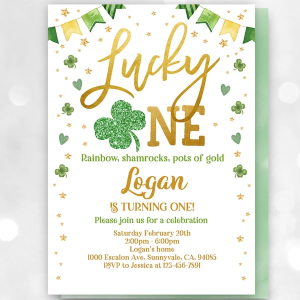 St. Patrick's Day Birthday Invitation Shamrocks Clover Party Invite Lucky One Gold Green 1st First Printable Editable Download SpI3