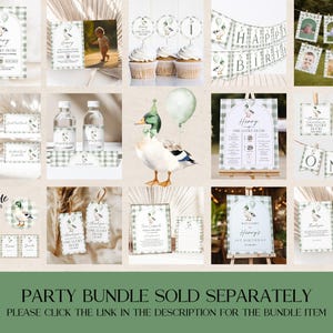The image is a collage of various party-related items, including a birthday banner, cupcakes, a duck, and other decorations. The items are arranged in a grid format, and the text indicates that the party bundle has been sold separately.
