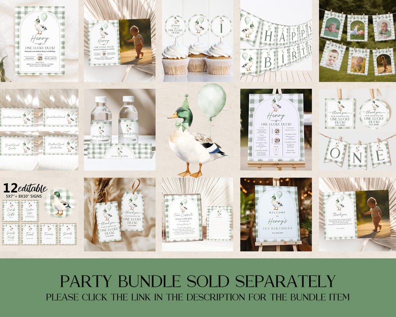 The image is a collage of various party-related items, including a birthday banner, cupcakes, a duck, and other decorations. The items are arranged in a grid format, and the text indicates that the party bundle has been sold separately.