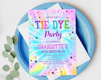 May include: A tie-dye themed birthday party invitation with gold stars and the text "Join us for a Tie Dye Party to celebrate Charlotte's 12th Birthday". The invitation includes the date, time, location, and RSVP information.