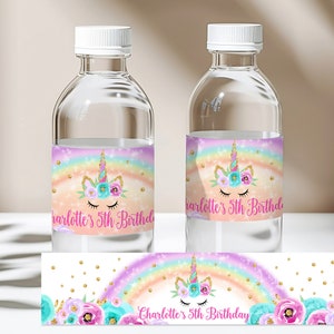 Étiquettes de bouteille d'eau licorne, fête d'anniversaire de licorne arc-en-ciel, décoration de fête, licorne arc-en-ciel, téléchargement MODIFIABLE Rain1