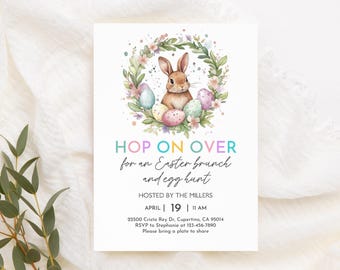 Invito per il brunch di Pasqua, invito per la caccia alle uova con motivo floreale (modello modificabile)