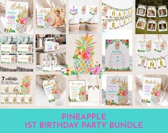 May include: A printable set of 1st birthday party decorations with a pineapple theme. The set includes a welcome sign, table signs, a banner, and other decorations. The decorations feature a colorful pineapple with tropical flowers and leaves.