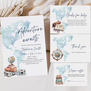 Invitaciones para baby shower "La aventura te espera": Set de viaje editable Bab266