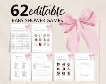 Baby Shower Games Bundle: Pink Bow Printables (62 Editable Cards Bab335)