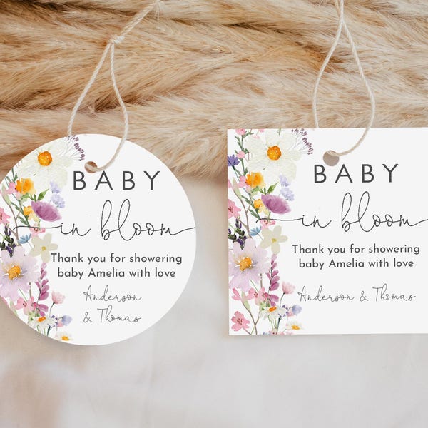Baby in Bloom Gastgeschenkanhänger, Wildblumen-Boho-Blumenmuster (Bearbeitbare Druckvorlage Bab244)