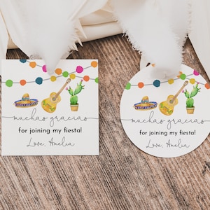 Bearbeitbarer Fiesta-Geburtstag Danke Etikett Fiesta Favor Tags Mexikanischer erster Geburtstagsgeschenkaufkleber Muchas Gracias Cinco de Mayo Printable Bir331