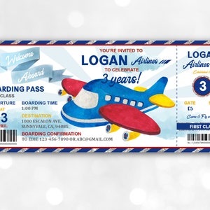 Airplane Birthday Invitation Airplane Ticket Party Invite Boy Kids Boarding Pass Aeroplane Ticket Printable Digital Editable Download Bir108