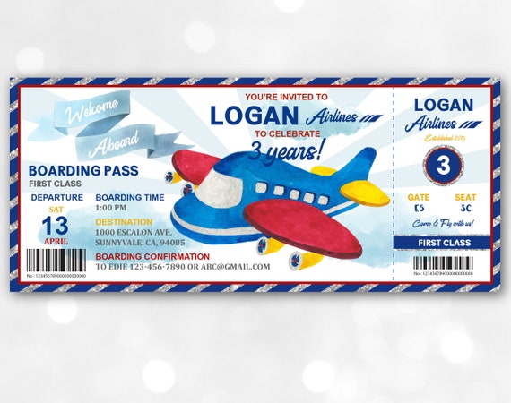 Airplane Birthday Invitation Airplane Ticket Party Invite Boy 