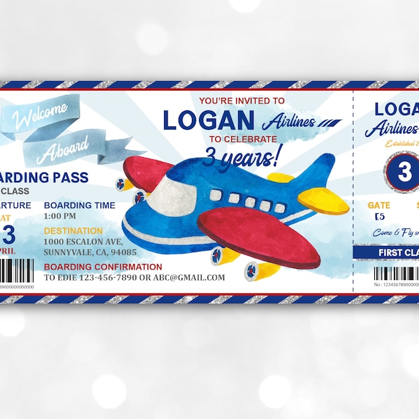 Airplane Birthday Invitation Airplane Ticket Party Invite Boy Kids Boarding Pass Aeroplane Ticket Printable Digital Editable Download Bir108