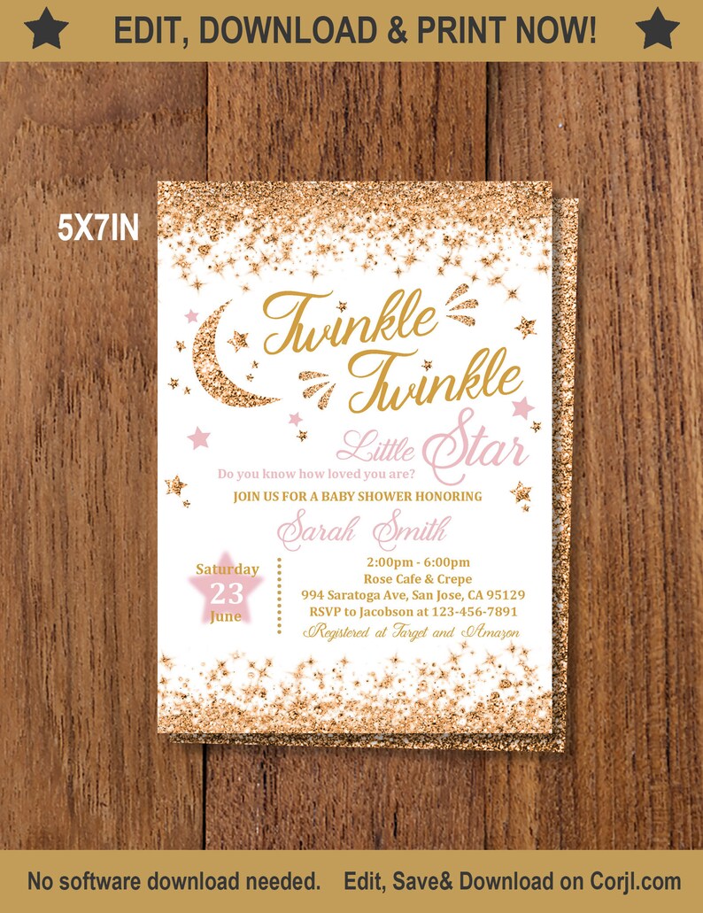 Twinkle Twinkle Little Star Baby Shower Invitation Pink Gold Etsy