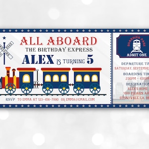 Zug Geburtstagsticket Einladung Zugticket Kinder laden Blue Boy 1st Boarding Pass ein Digital bearbeitbare druckbare Download Bir137