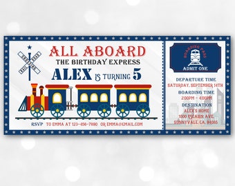 Train Birthday Ticket Invitation Train Ticket Kids Invite Blue Boy 1st Boarding Pass Digital Editable Printable Download Bir137