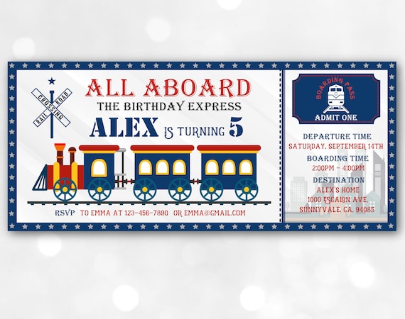 Train Birthday Ticket Invitation Train Ticket Kids Invite Blue Boy.