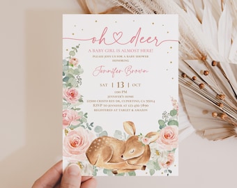 Deer Baby Shower Invitation: Blush Pink Floral Woodland Design Bab121