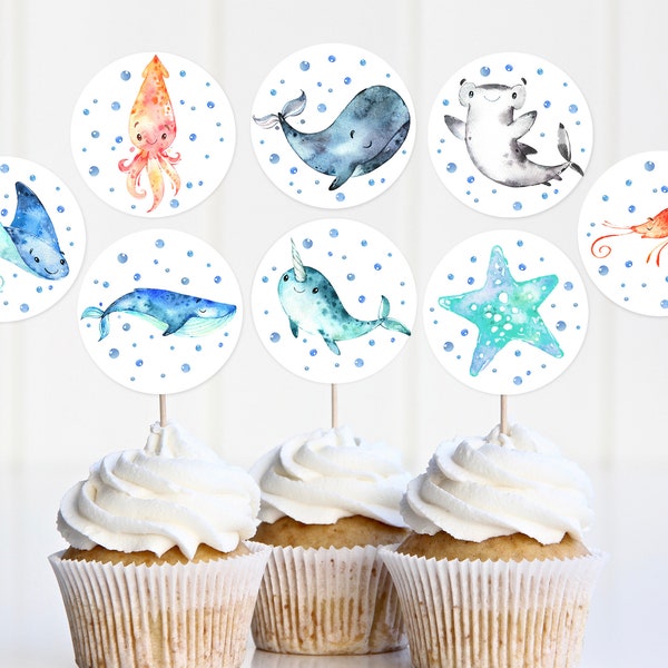 Sea Cupcake Toppers Baby shower Favor Tags Printable Birthday toppers centerpiece decor Ocean party Instant download Bab156 Bir306