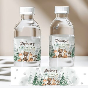 Etiquette pour bouteille d'eau baby shower dans les bois Bébé il fait froid dehors Animaux de la forêt Etiquette pour bouteille Flocon de neige Modifiable Imprimable Bab232